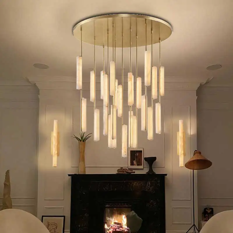 REVEN Lustre Black Modern Chandelier Brass Accents Long strip Marble Pendant Light for Kitchen Island Dimmable Customizable