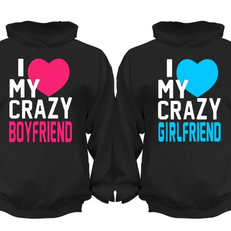 

Одинаковые пары для семьи, любовь, сумасшедший бойфренд, подруга, одинаковые пары, мужские и женские топы с круглым вырезом на осень и зиму, топы с капюшоном на день Святого Валентина