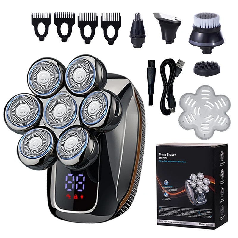 Floating 7-Blade 5-in-1 Electric Shaver For Men Rechargeable Nose Hair Trimmer Facial Cleaning Massager Bald Head Beard Razor