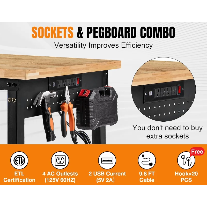 84” Adjustable Height Workbench, 5000 LBS Heavy Duty Table Rubber Wood Workstation with Power Outlet & Pegboard for Garage