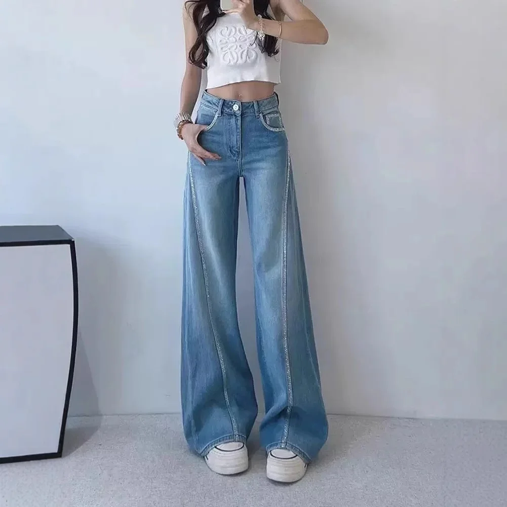 

High Waist Straight Leg Denim Jeans Women's Baggy Wide Leg Jeans Y2K Style Cotton Blend Folded Hemline Pure Color
