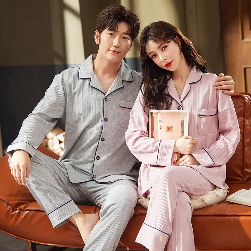 Autumn Couple Pajamas Sets Women\'s Autumn Cotton Men\'s Loungewear Long Sleeve Pants Set Sleepwear Front Button Lapel Casual Home