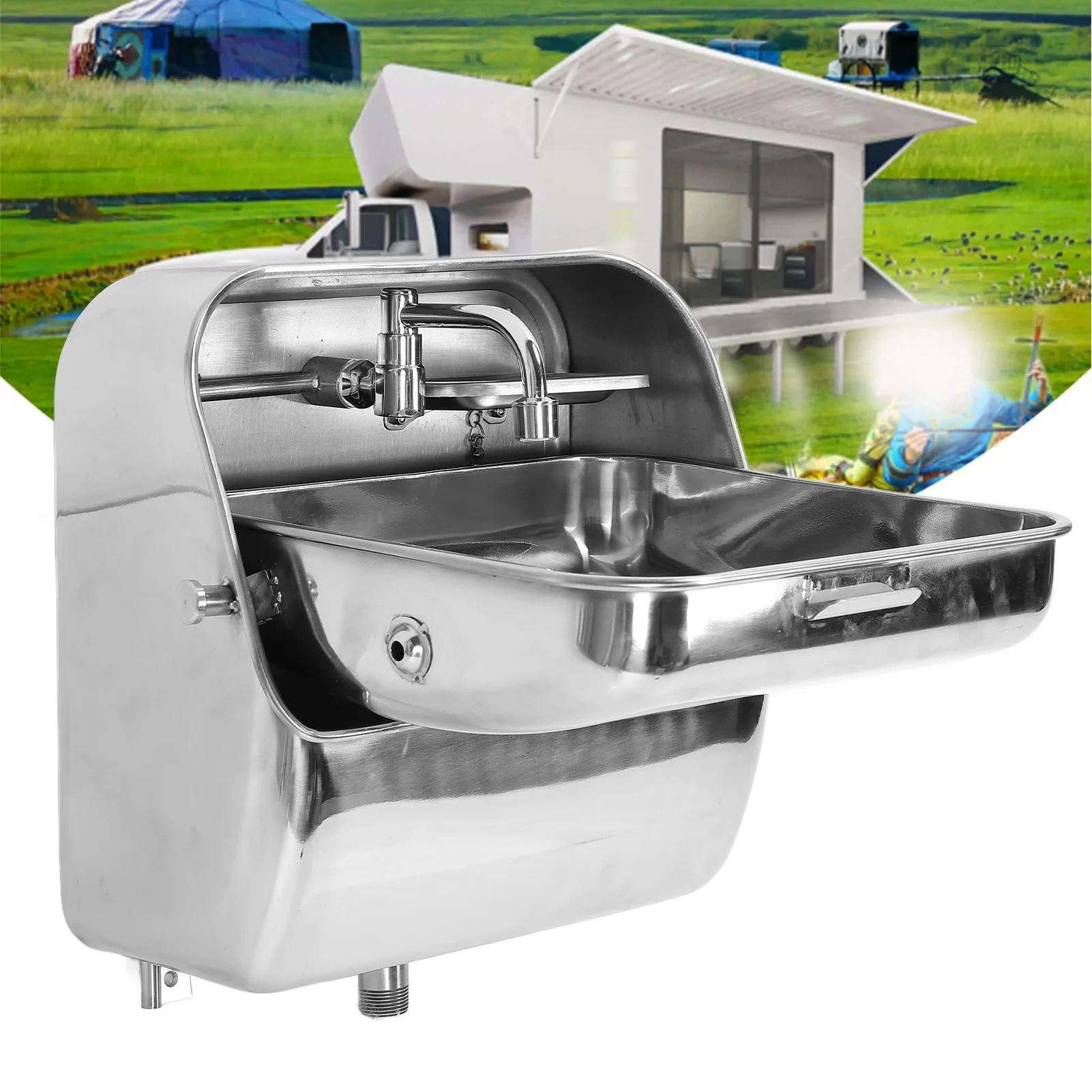 Pia de parede de aço inoxidável 304 com torneira, lavatório suspenso de parede oculto para RV, caminhão de comida, barco, motorhome
