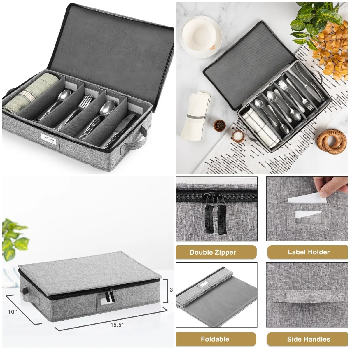 

Flatware Storage Case with 5 Adjustable Compartments - Hard Shell, Stackable, with Carrying Handles