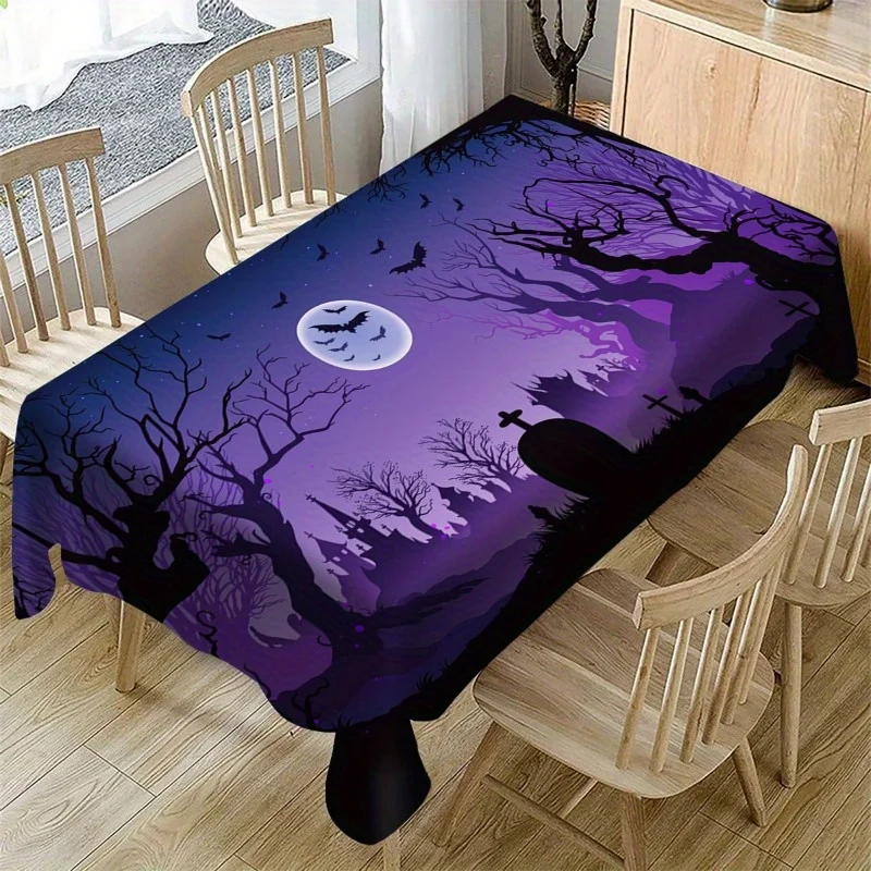 VIKAMA Halloween Tablecloth Purple Black Bare Tree Full Moon Bat Haunted House Rectangular Washable Dining Cover Spooky Decor