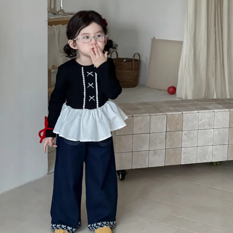 2025 Autumn Winter Cotton Children Clothes Sweet Girls' Bowknot Base UnderShirt Kids 3y-10y Patchwork Ruffle Long Sleeve Outfit