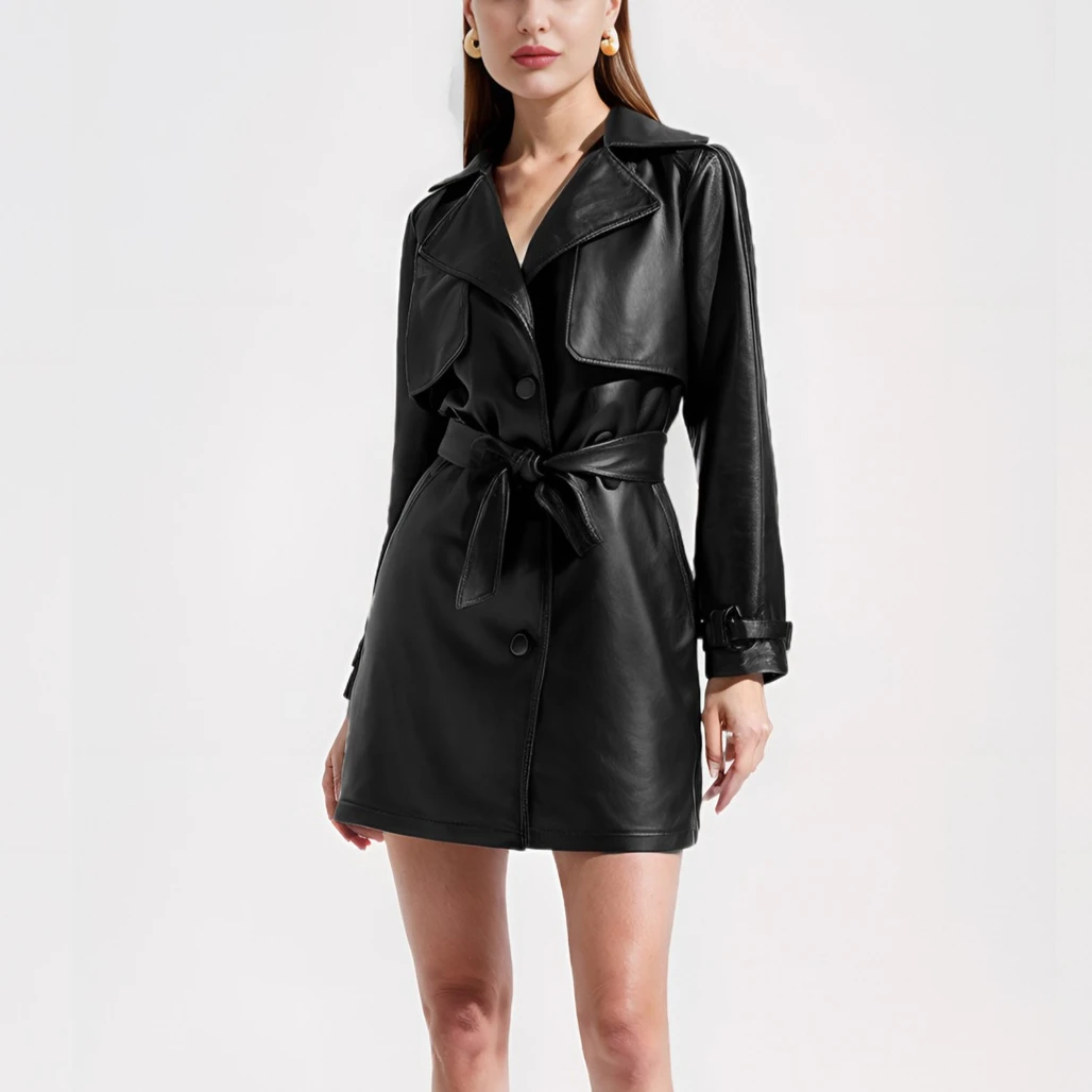 Giacche lunghe in pelle vintage da donna Cappotti classici primaverili autunnali Eleganti trench in PU Giacca a vento Capispalla da donna