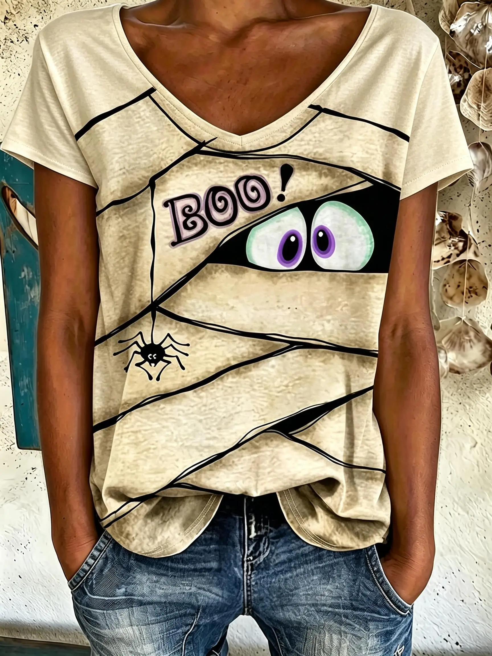 Women V‑Neck Short Sleeve T‑Shirt Halloween Graphic Print Tees Mummy Boo Spider Skeleton Heart‑Shape Hand Gothic Tops