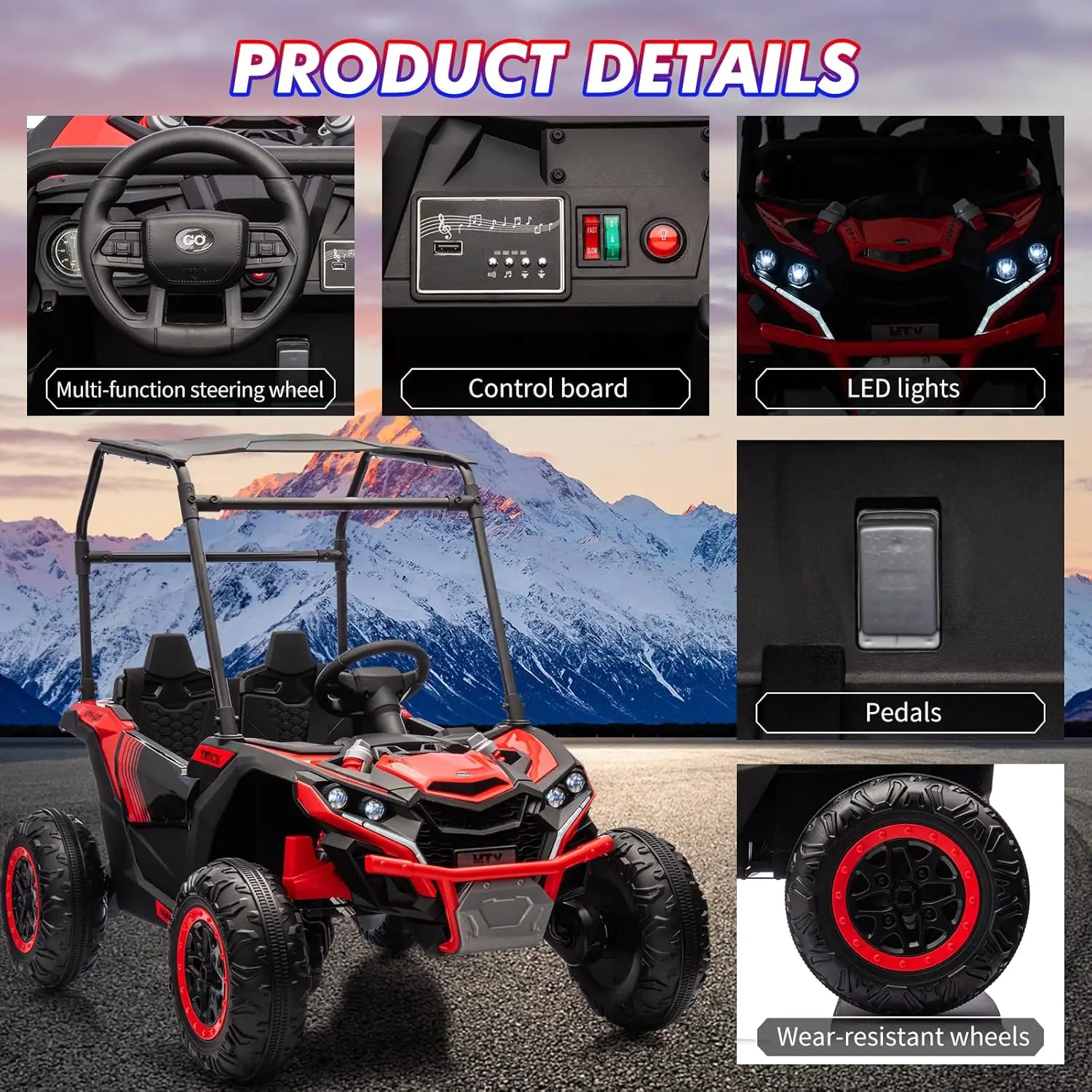 24V Ride On Utv para niños, camión eléctrico de 2 plazas con parasol, coche eléctrico de juguete 4WD con control remoto, luces LED, 4 golpes A
