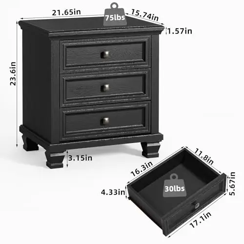 3-Drawer Nightstand Set of 2 with Solid Wood Legs, Black | Pair of three-drawer bedside tables with sturdy square wood image 3