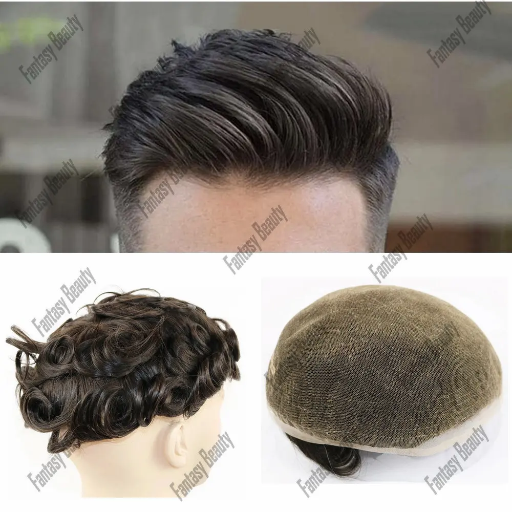 Rambut palsu renda Swiss penuh garis rambut alami untuk pria 100% wig rambut manusia simpul diputihkan wig pria warna hitam Sistem prostesis baru