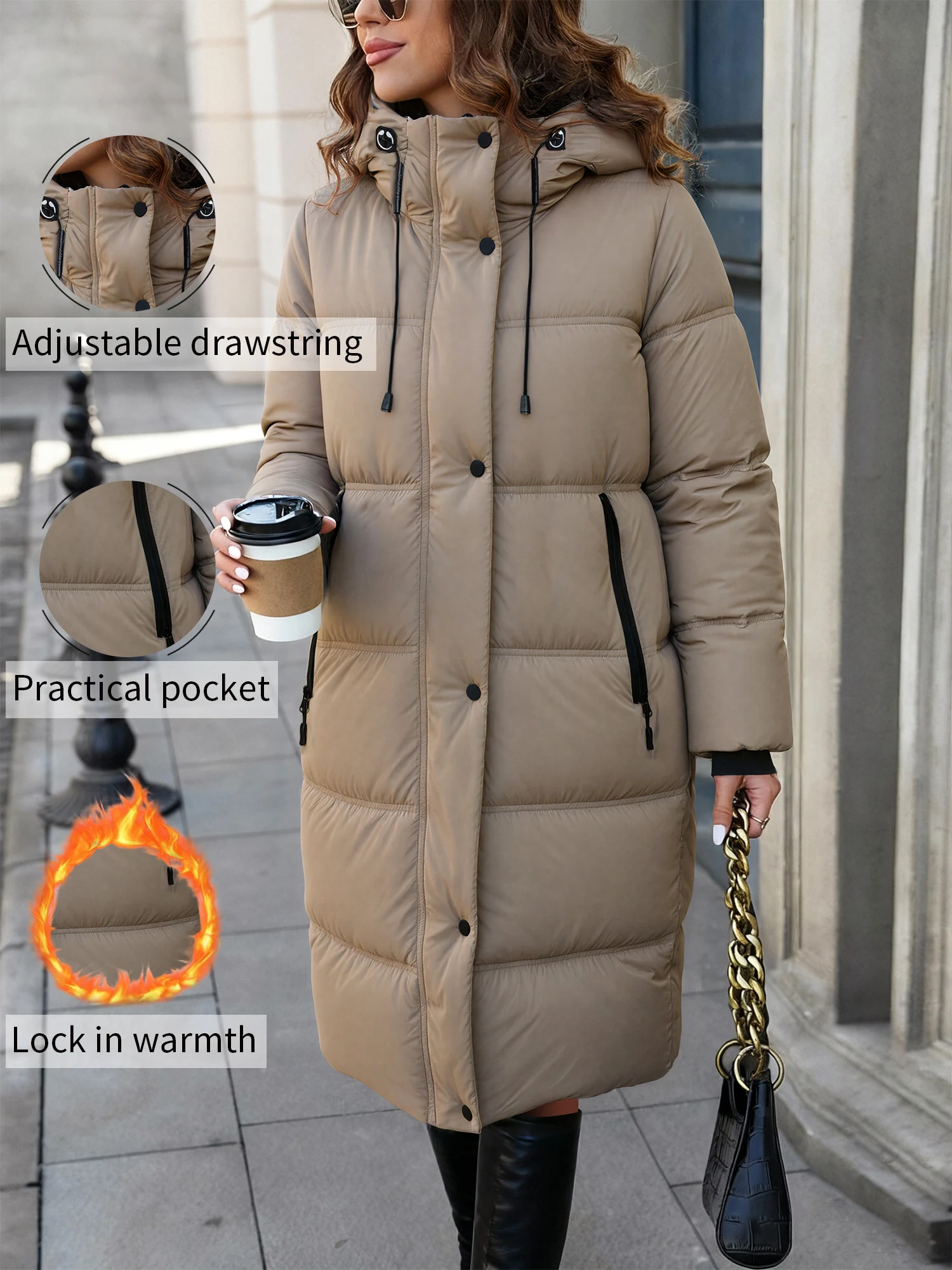 

Women's Autumn/WinterThick Chic Mid-length Quilted Coat Long Sleeve Zipper Casual Adjustable Drawstring Hood Jacket