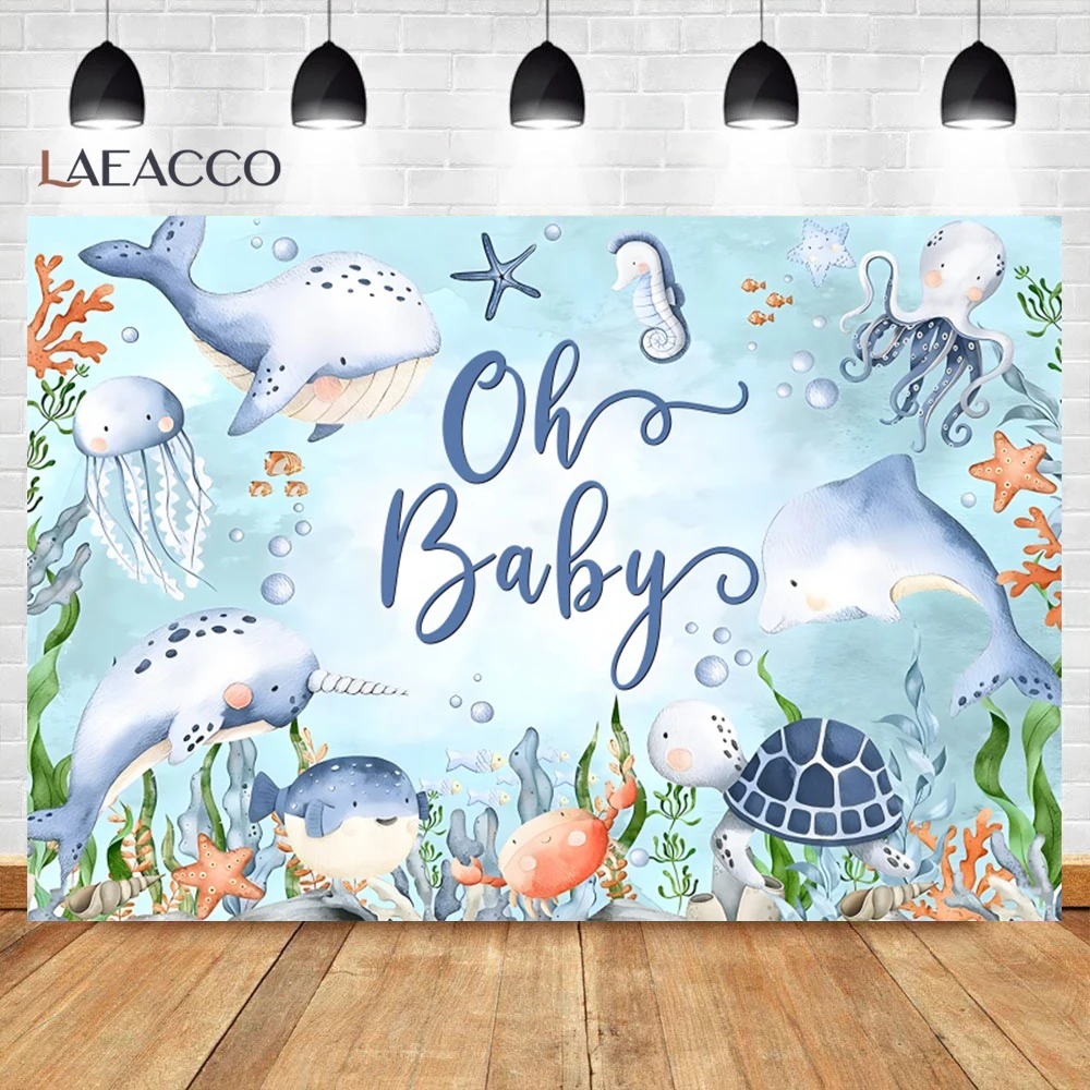 Фон для фотосъемки с днем рождения в океане под морем, Дельфин, Кит, мультяшная рыба, детский декор для дня рождения, фон