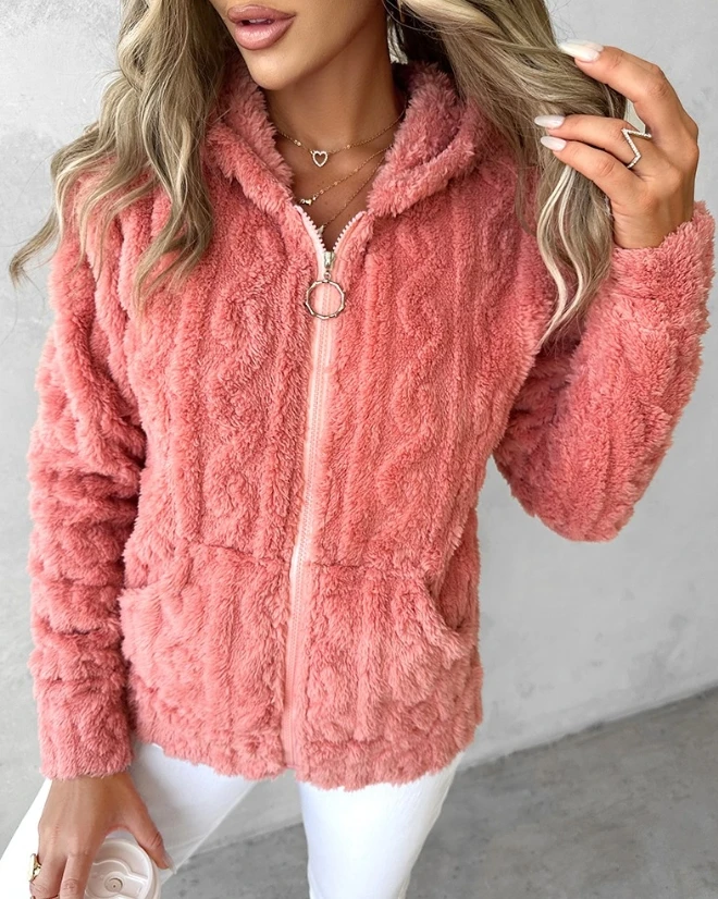 Top Women's New Hot Selling Fashion 2023 Long Sleeve Zipper Design Fuzzy Texture Hooded Wool Coat