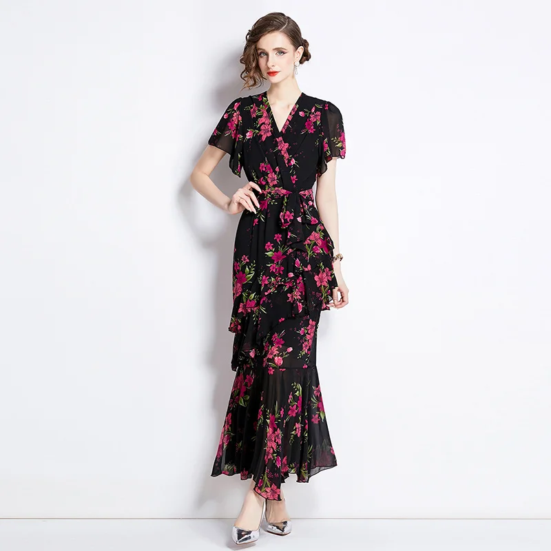 Elegante Zomer Goregous Bloemenprint Chiffon Zeemeermin Boho Vrouwen V-Hals Korte Mouw Print Ruches Veterriem Vakantie Maxi Robe