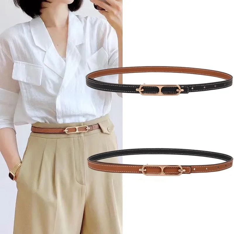 

2024 Fashion Women Belt Double-sided Wear Adjustable Thin Belts Gold Buckle PU Leather Waist Belt for Lady Pants Dress Waistband