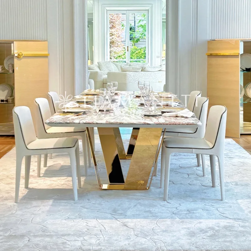 Light luxury high-end marble dining table villa luxury home modern minimalist art luxury stainless steel dining table long table