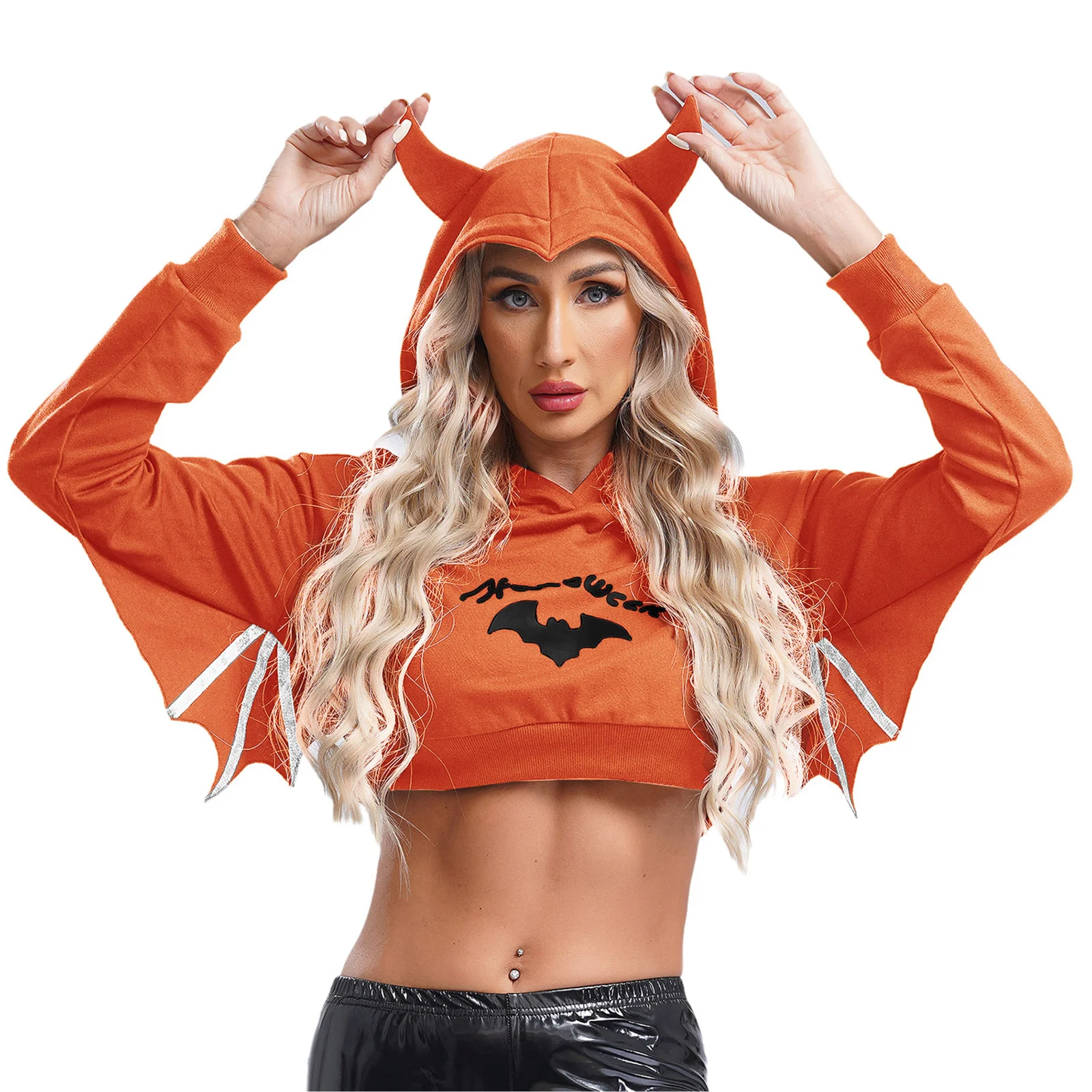 Womens Halloween Costume Black Batwing Hooded Sweatshirt Drawstring Hood Long Sleeve Stylish Print Crop Top Outerwear Streetwear