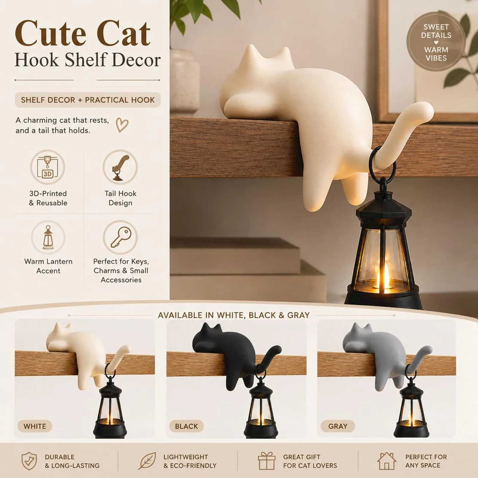 3D Printed Cat Shaped Lantern Lamp Shelf Sitter Figurine Bookshelf Hanger Decor Warm Light Ornament Gift for Cat Lovers