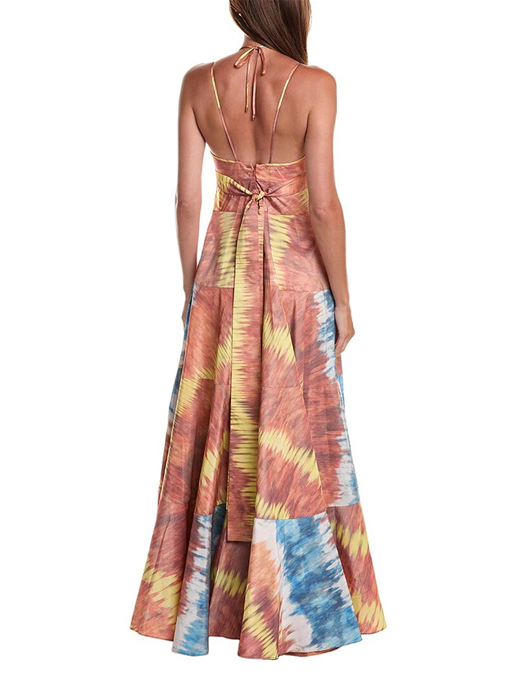 CHICEVER Hit Color estampado vestidos de mujer Halter sin mangas de cintura alta sin espalda empalmado encaje hasta vestido de fiesta Sexy moda femenina