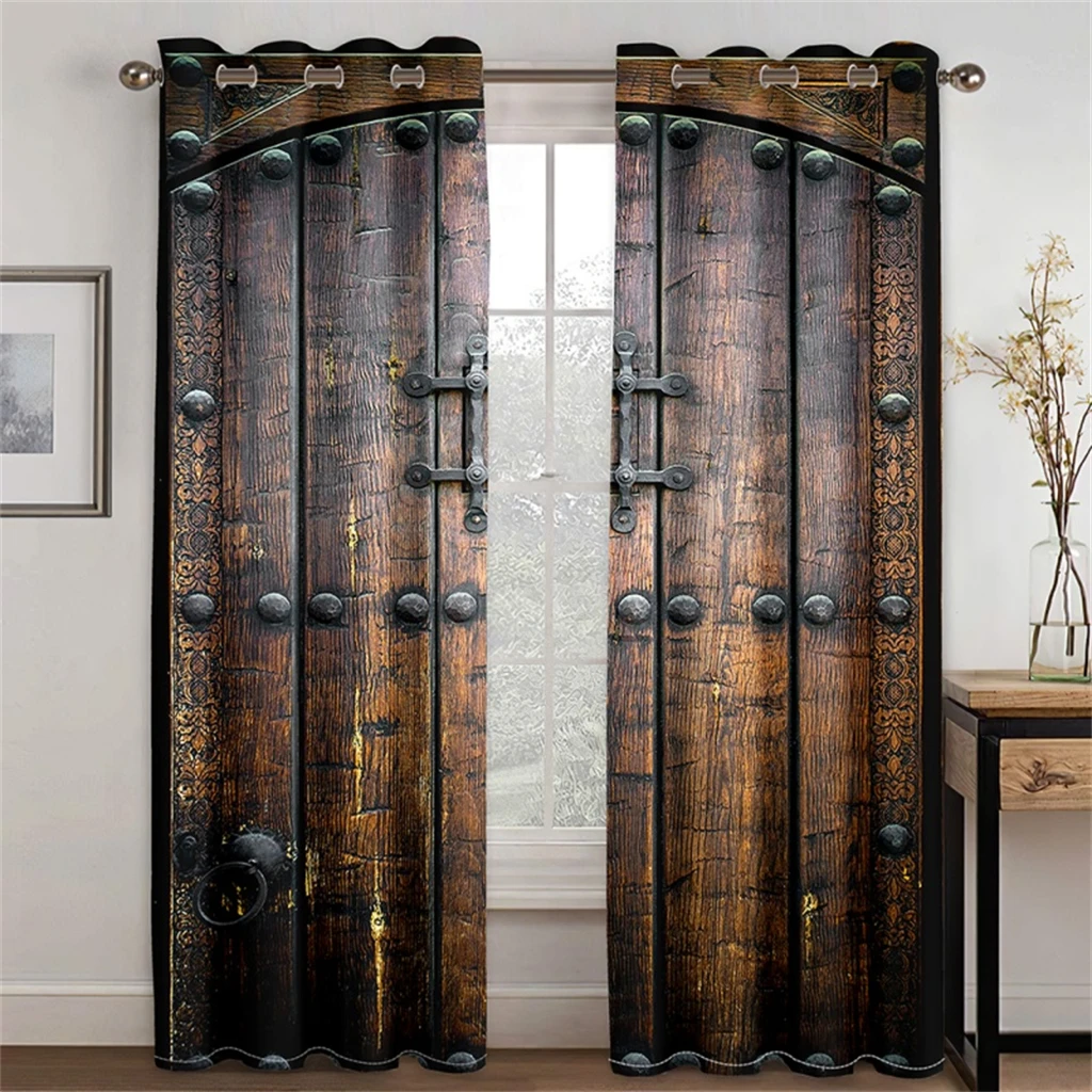 

3D retro curtains real wooden door effect 2 panels suitable for living room bedroom kitchen balcony European and American wind