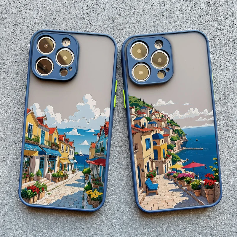 Strandlandschaft Küstenstadt Handyhülle für iPhone 17 15 16 14 Pro Max Plus 13 12 Mini 11 Pro Max XS XR X Blaue Hüllen – Detail 15