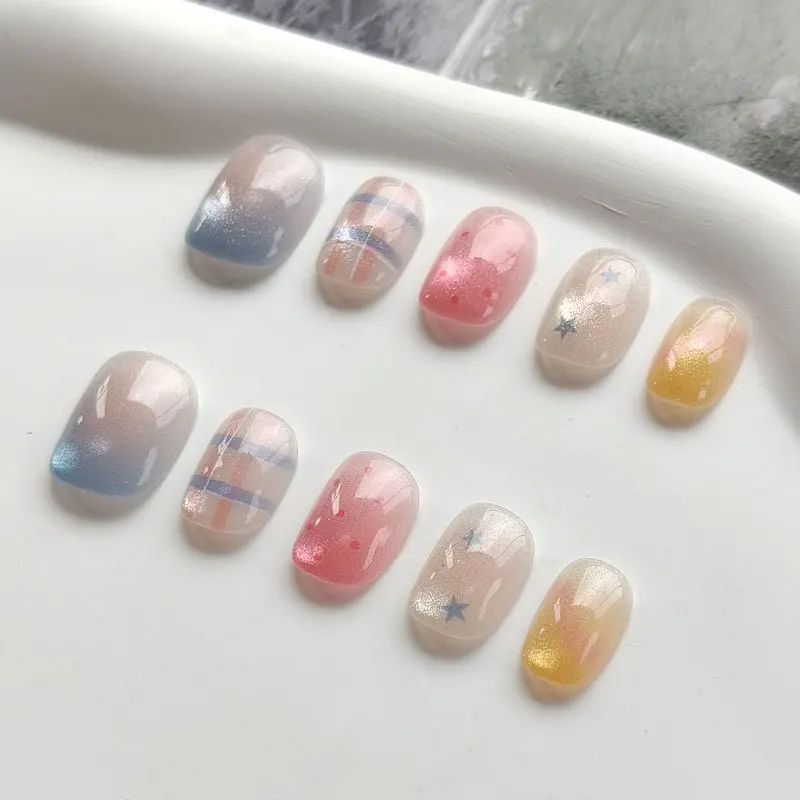 10 Stück Bunte Karierte Stern-Ösen Fein Glitzernde Ösen Mandel-Design Hochwertige Aufklebbare Nägel Maniküre-Aufkleber Press-on-Nägel – Detail 7