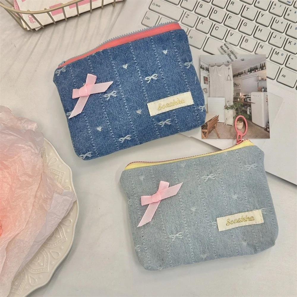 

Fashion Mini Coin Purse Denim Embroidered Bow Wallet Purse Portable Small Card Bag Student Girl