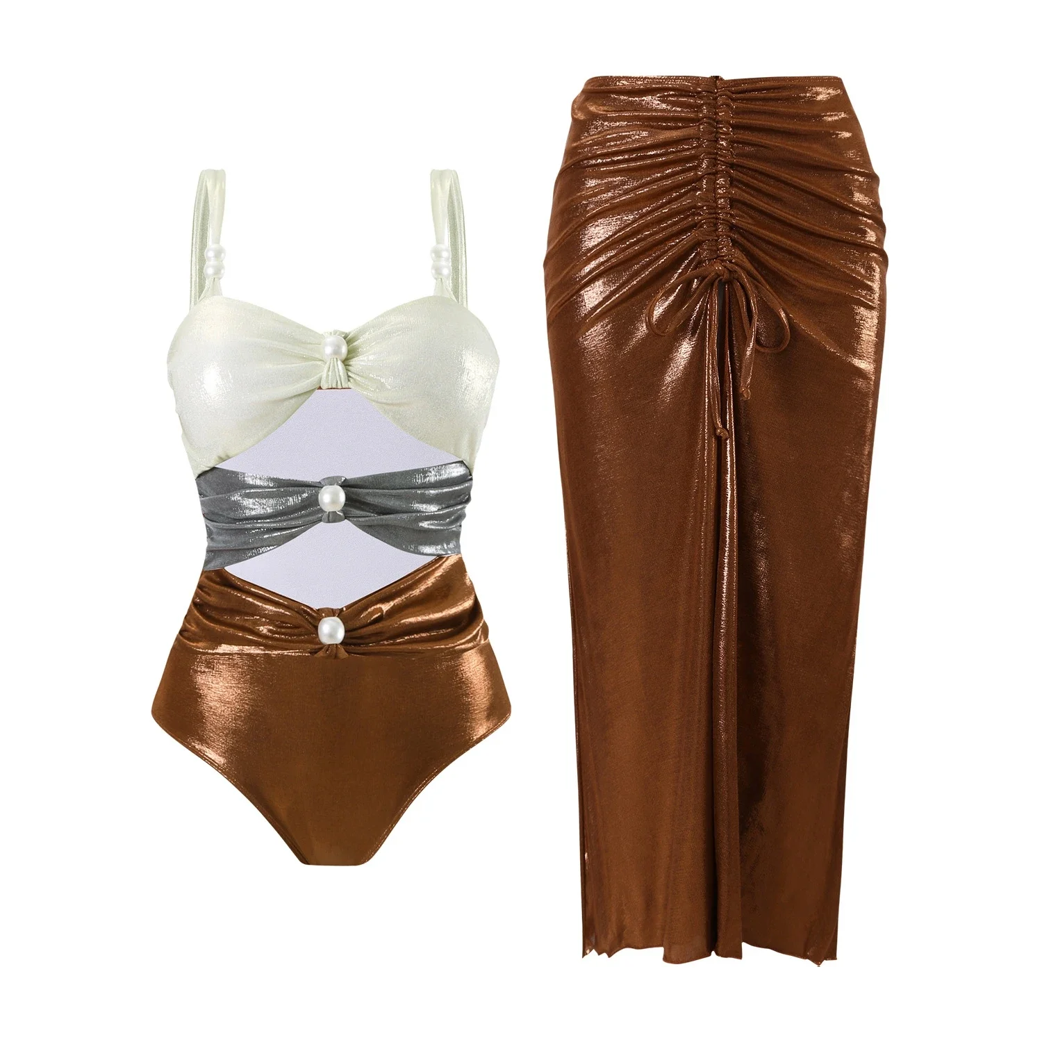 

Swimwear Pearl Hollow Bright Face Color Blocked One-piece Swimsuit Set for Beauty Women