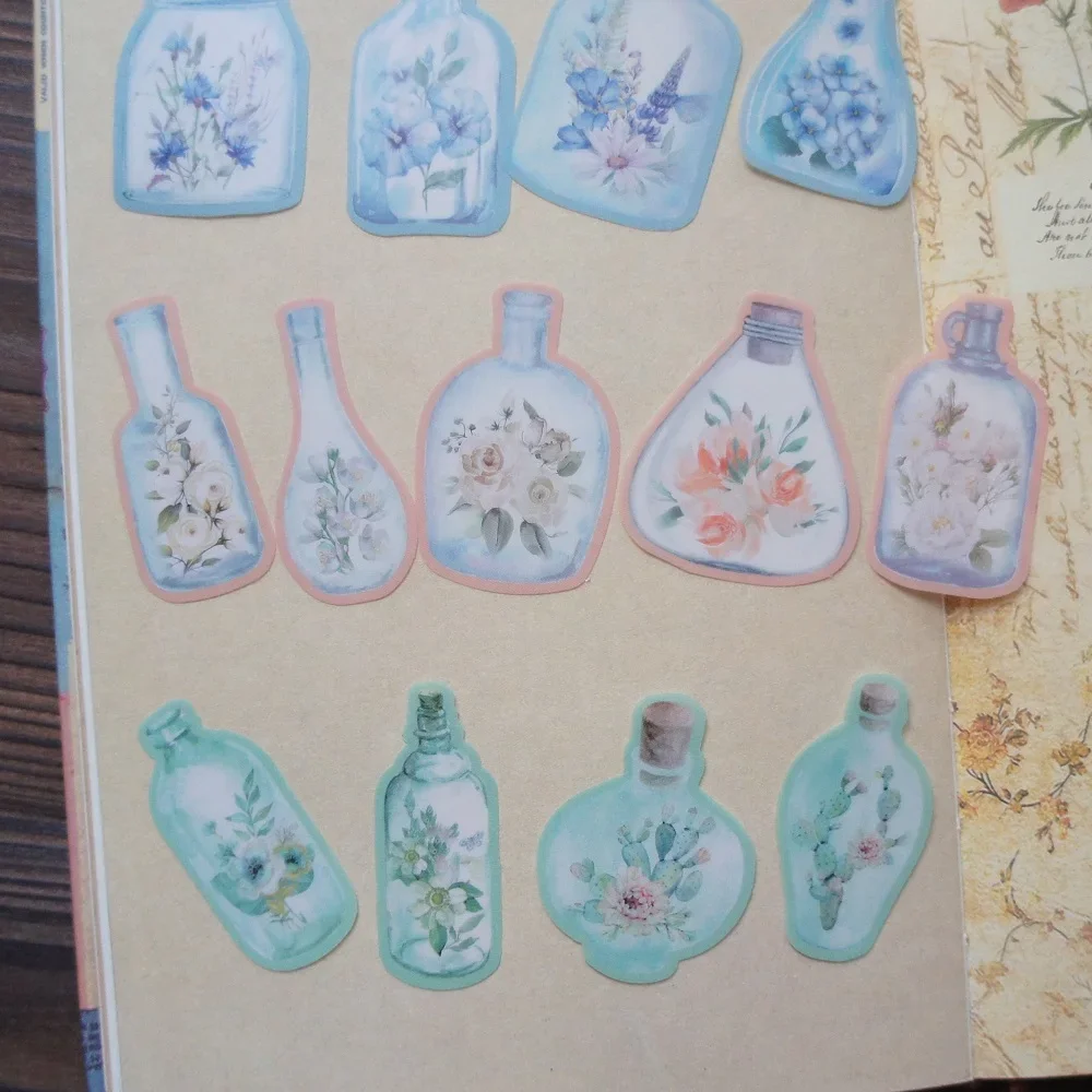 

20pcs MIX Size Watercolor Flowers Collected In Wishing Bottle Style PVC Sticker Scrapbooking DIY Gift Packing Label Decor Tag