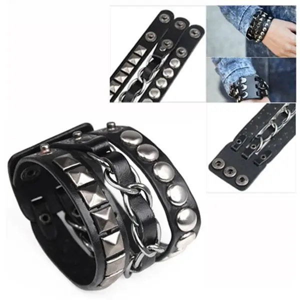 

CXZD-Punk Rock Rivet Multi Layers Circles Pyramid Stud Chain Leather Bracelet