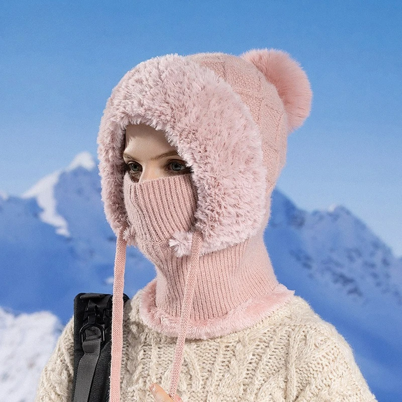 Cross-border winter fleece knitted beanie women's ear protection hat mask neck scarf integrated warm pullover hat
