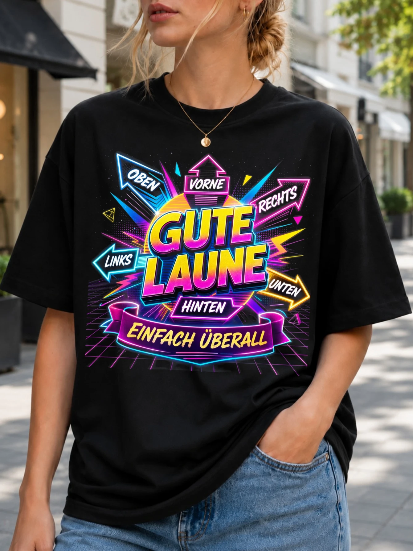 Gute Laune Einfach uberall neon arrow direction graphic with ribbon banner grid lines and bright  Unisex All T-Shirt