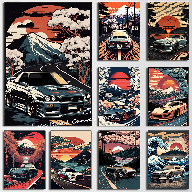 80s Retro Car Japanese Landscape Poster GTR Luxury Cars Canvas Painting HD Print Wall Art Picture Living Room Bedroom Decor