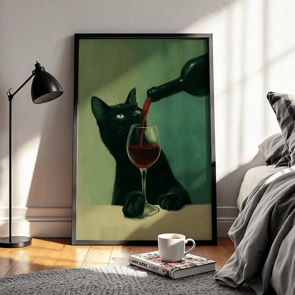 Abstract Funny Black Cat Pouring Red Wine Canvas Poster Wall Art,2D Print Wall Decor,Vintage Home Decor For Living Room Bedroom