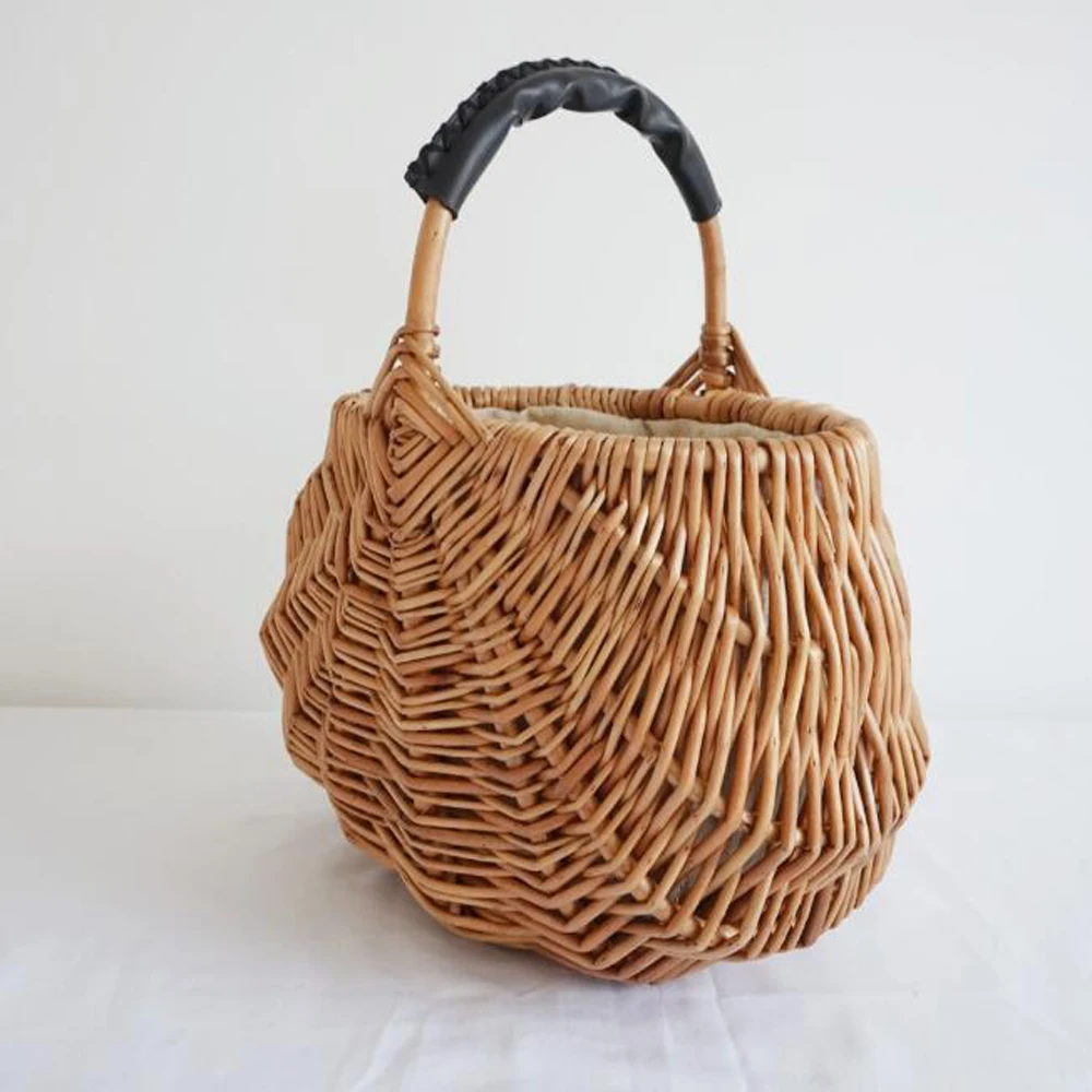 Hand Rattan Woven Handbag Natural Vegetable Basket Oval Grass Weaving Bag, Vintage Bucket Bag