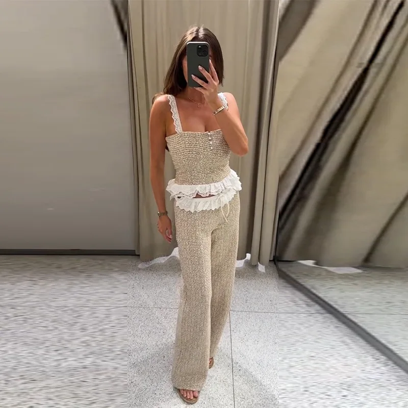 

Elegant Summer Outfit Lace Trim Patchwork Strap Straight Leg Pants Fashion Set Women's Long Pants Polyester Sleeveless Top