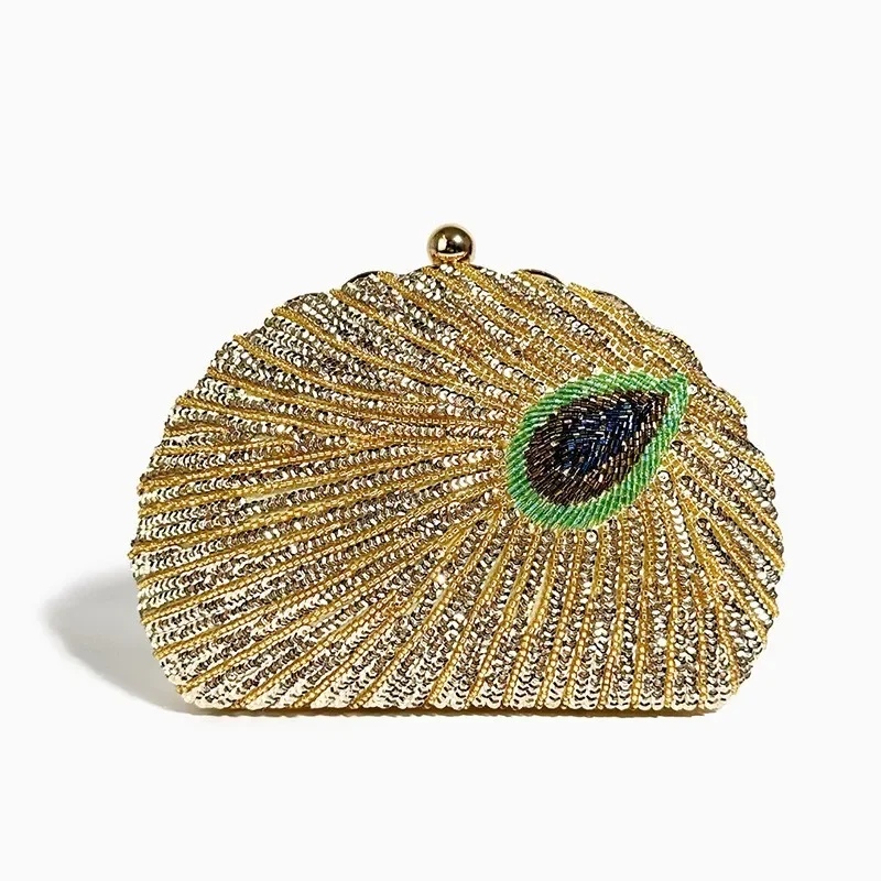 Classic Vintage Peacock Green Evening Bag Fashion Luxury Sequin Beaded Small Clutches For Women Wedding Party Chain Shoulder Bag