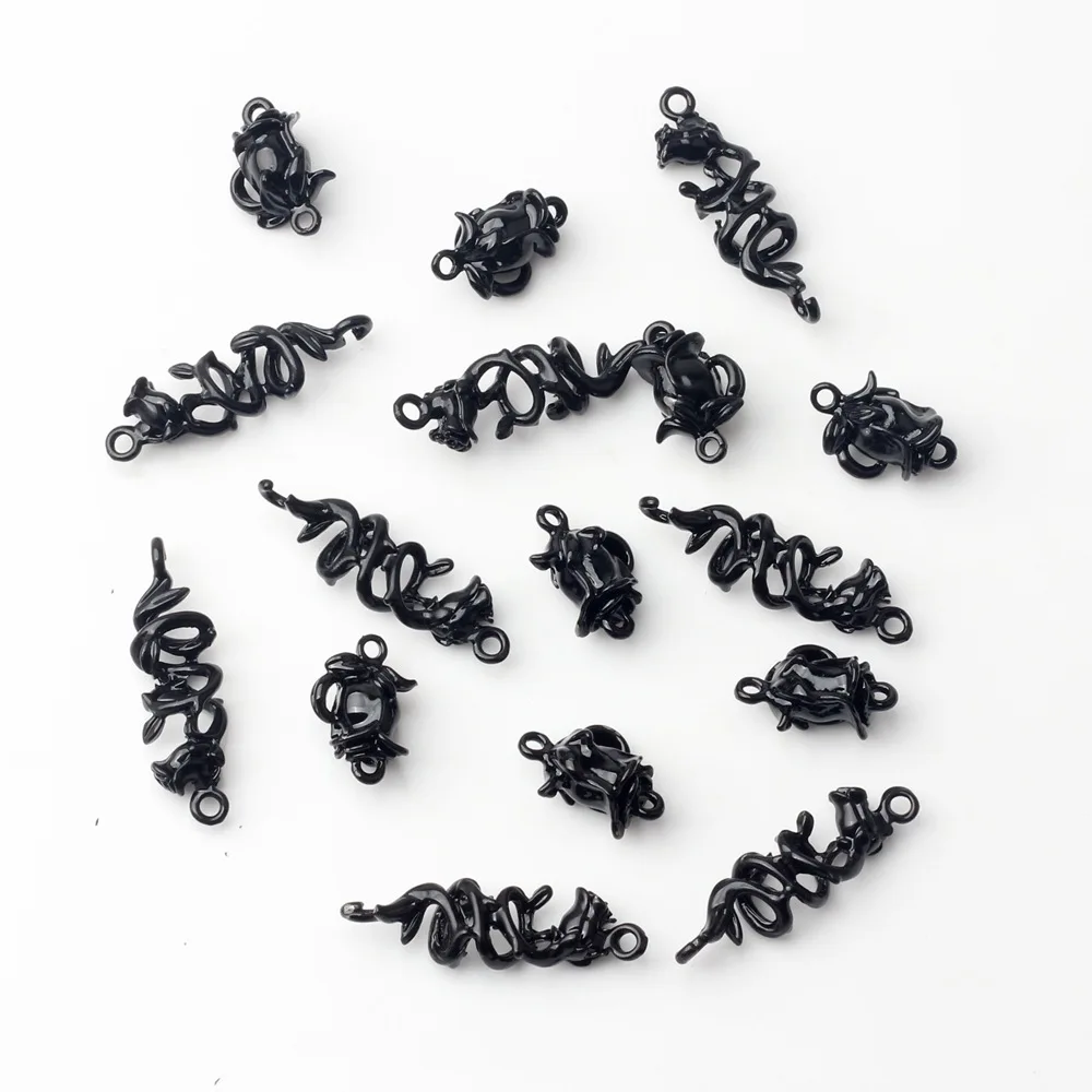 10Pcs Retro Alloy Black Spray Paint Plant Rose Flower Charms Pendant For DIY Earrings Bracelet Jewelry Making Accessories