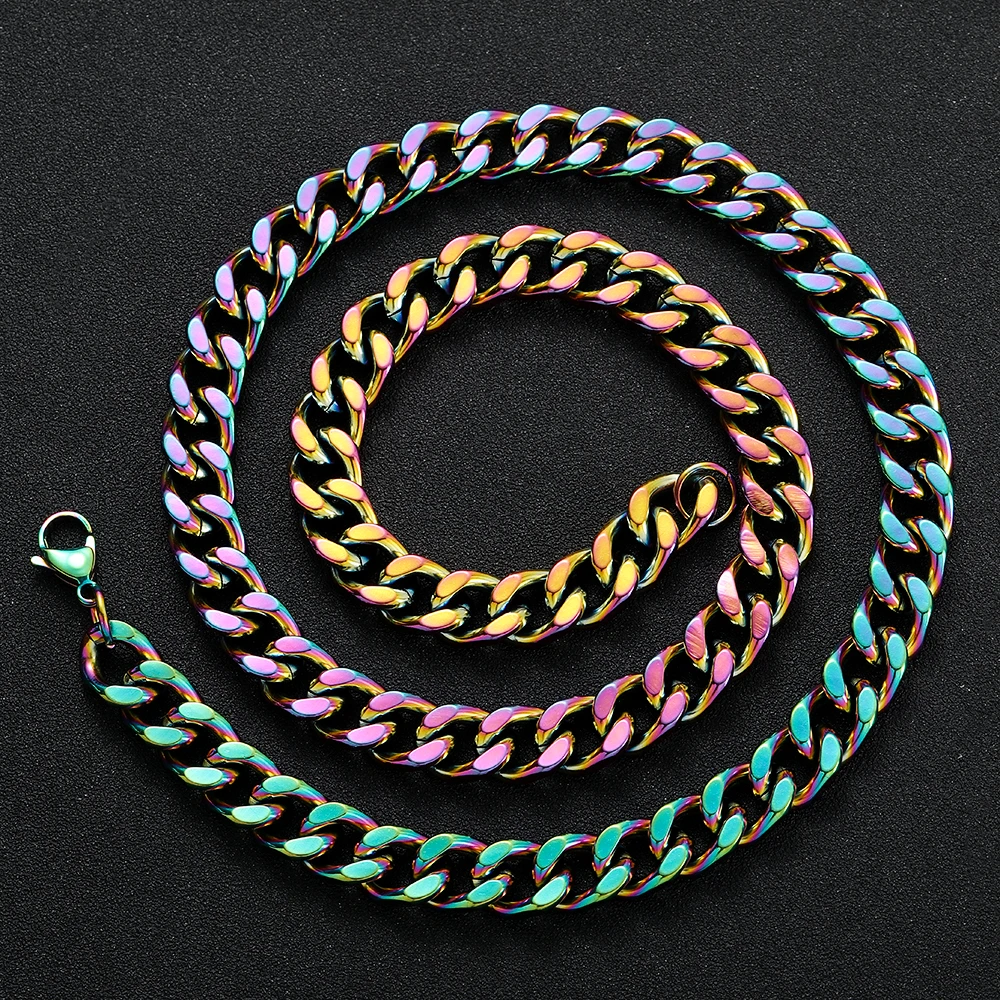 New Arrival Width 10MM 316L Titanium Steel Plated Colorful Cuban Chain Necklace Bracelet Fashion Hip Hop Jewelry Set For Men