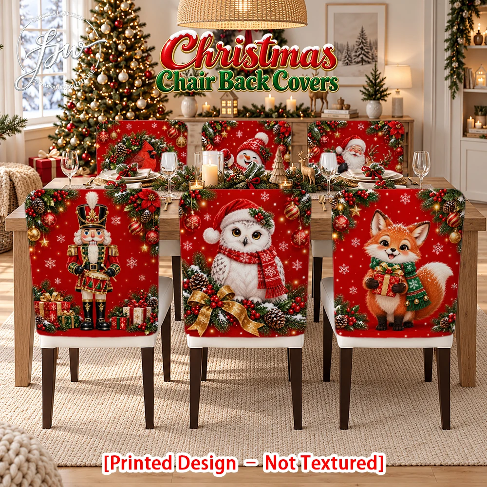 2/4/6pc Christmas Chair Back Covers Cute Xmas Animal & Nutcracker Holiday Dining Chair Slipcovers for Winter Party Home Decor