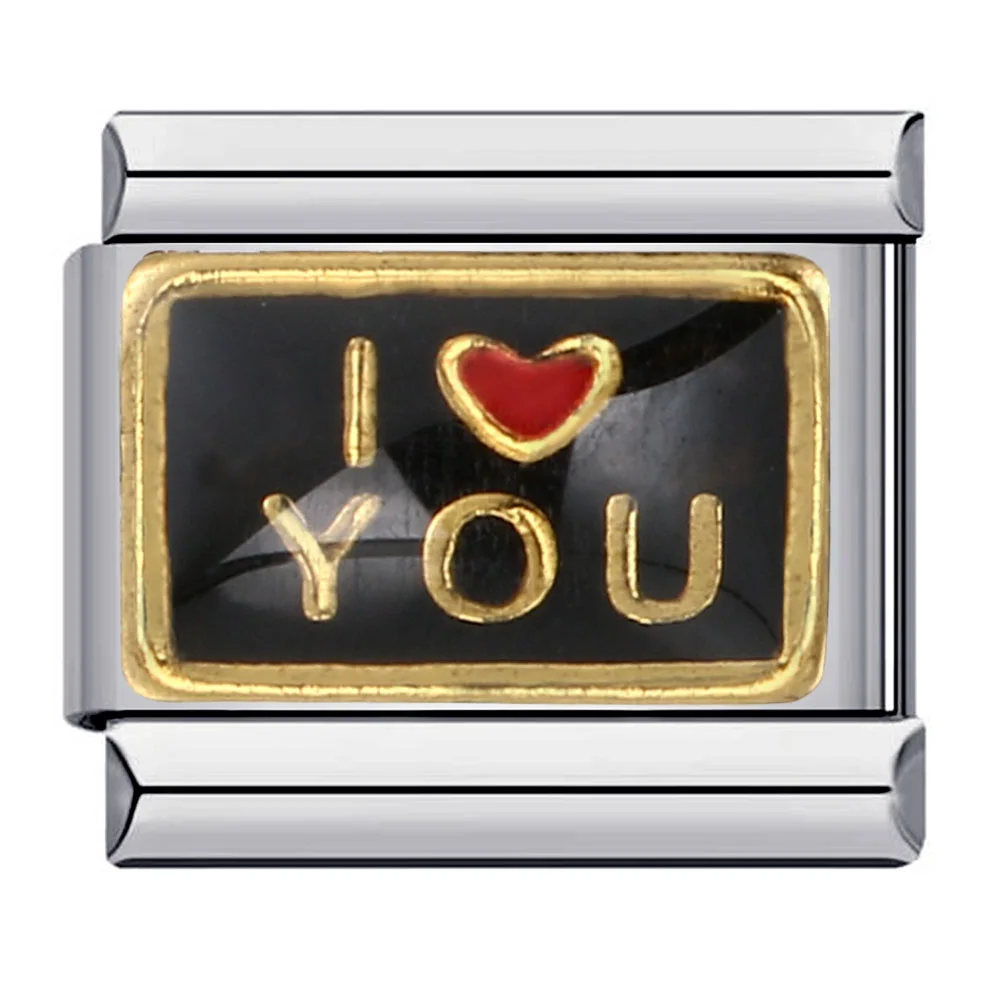Fashion Black Red Love Heart Gold Color Letters Italian Charms Fit 9mm Bracelet Stainless Steel Making DIY Handmade Jewelry Gift