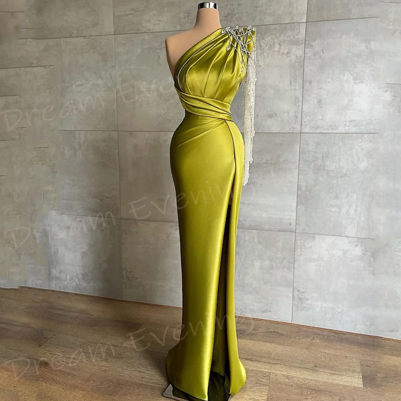 Beautiful Women's Mermaid Popular Evening Dresses Charming One Shoulder Long Sleeve Prom Gowns Sexy Side Split Vestido De Noche