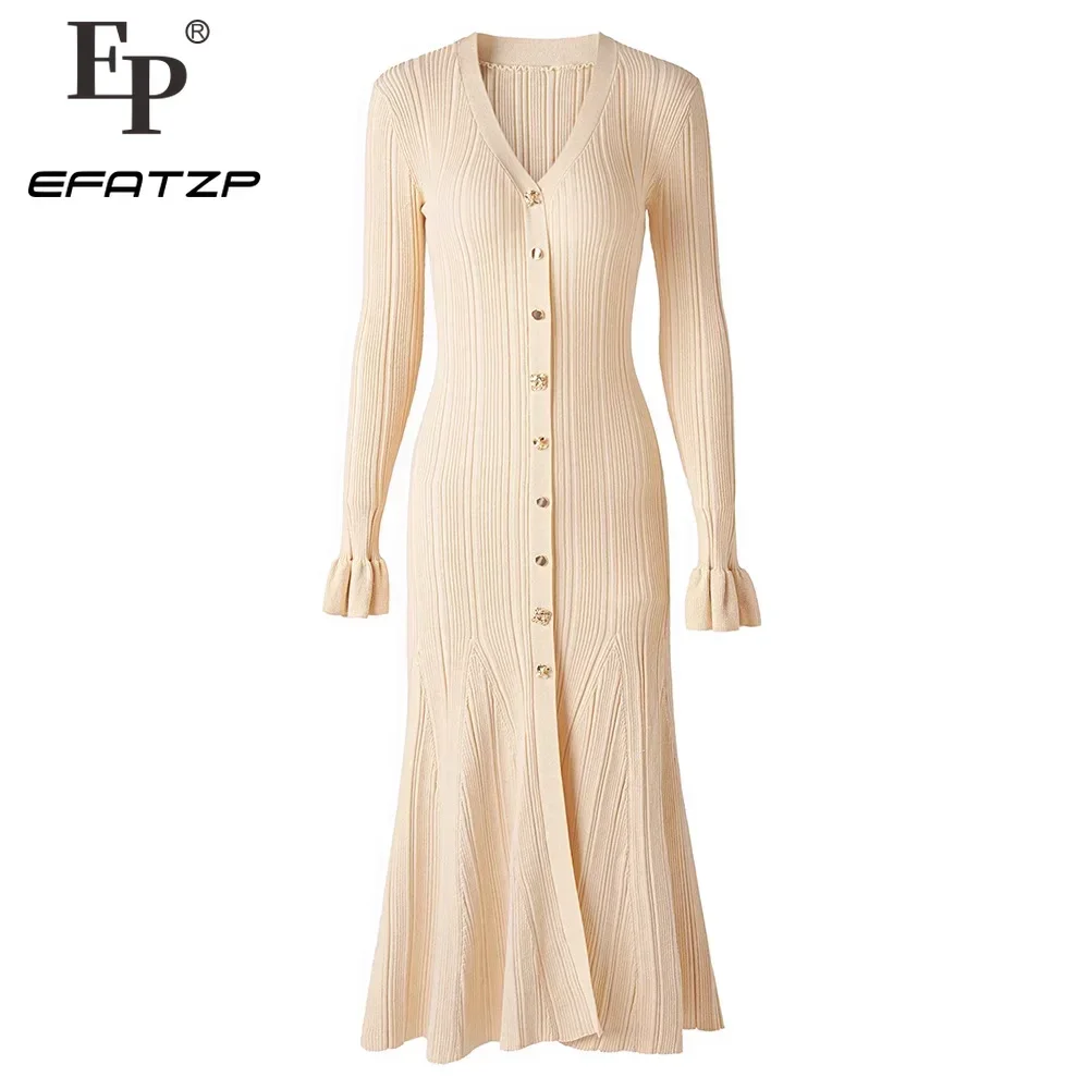 

Knitted Mid-Length Dress 2024 New Women Long Sleeve Ribbed Party Dresses Elegant Lady Knitwear