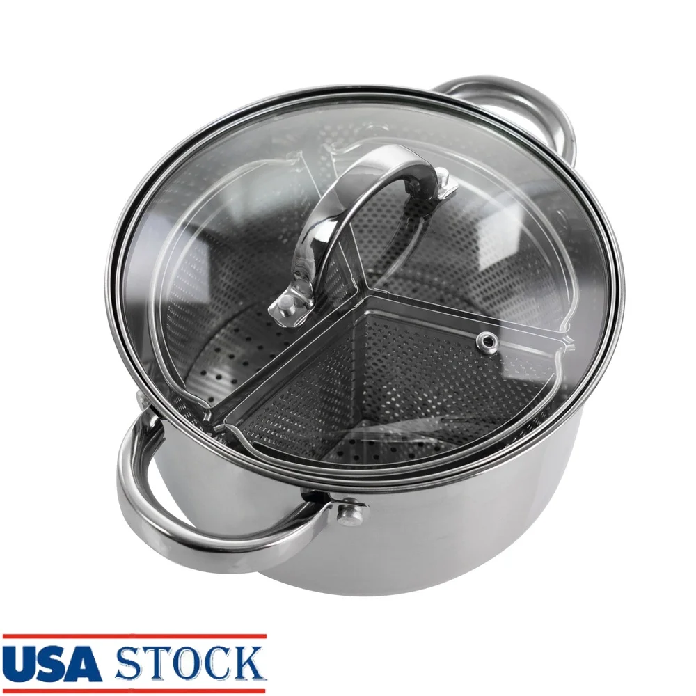 

5 Piece 4 Quart Stainless Steel Dutch Oven with Vented Glass Lid and 3 Section Dividers Versatile Cooking
