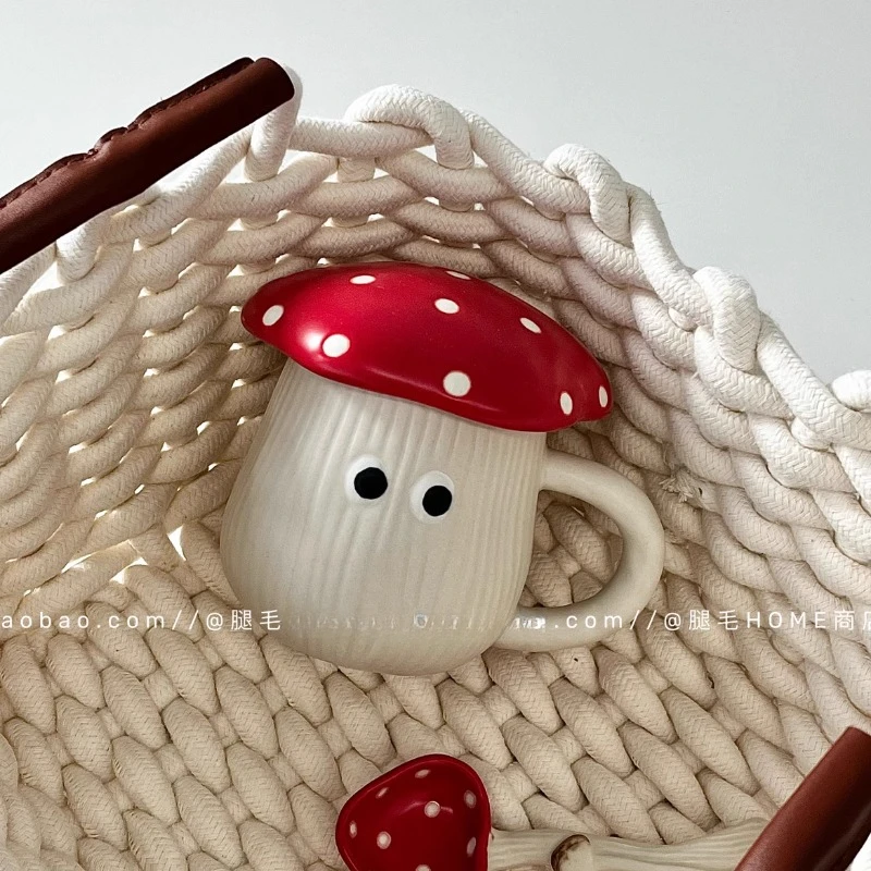 Cute Red Mushroom Shaped Ceramic Mug with Lid, Spoon, Girl Heart Water Cup, Coffee Large Capacity Underglaze Color