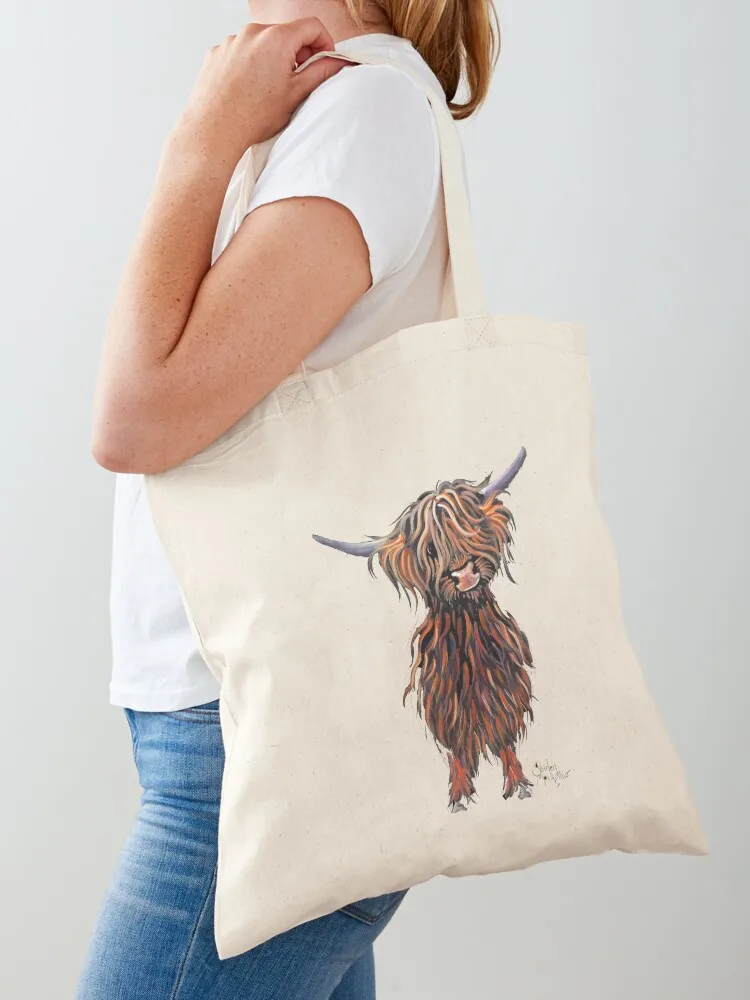 Scottish Hairy Highland Cow ' WEE M ' by Shirley Macarthur Tote Bag shopping bag logo handbag tote bag screen