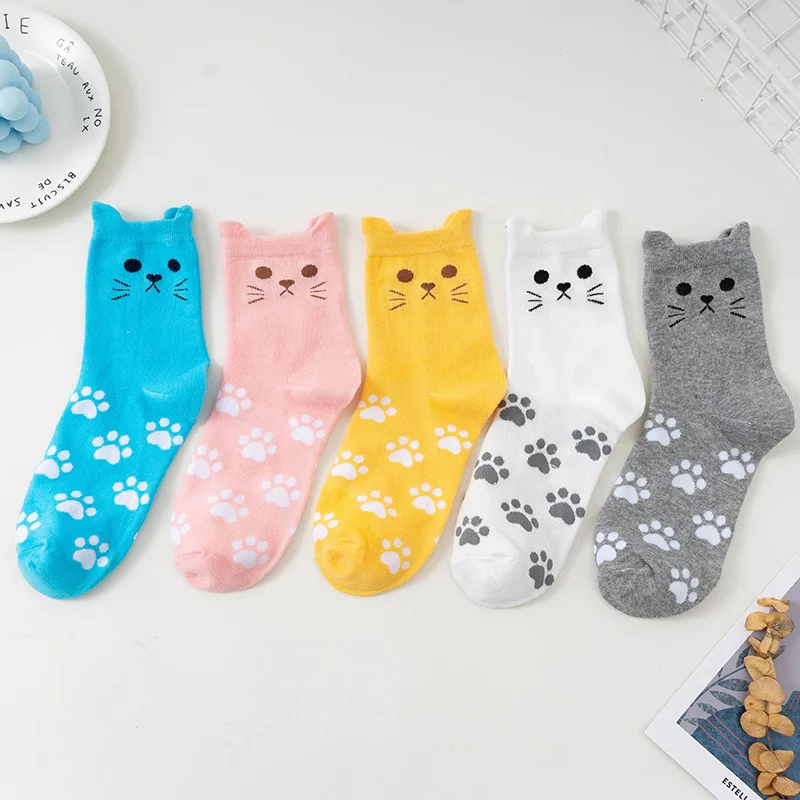 5 Pairs Women Cat Print Mid Tube Socks Fashionable Multi-Color Cartoon Patterns That Soft Comfortable Breathable Casual Socks image 6