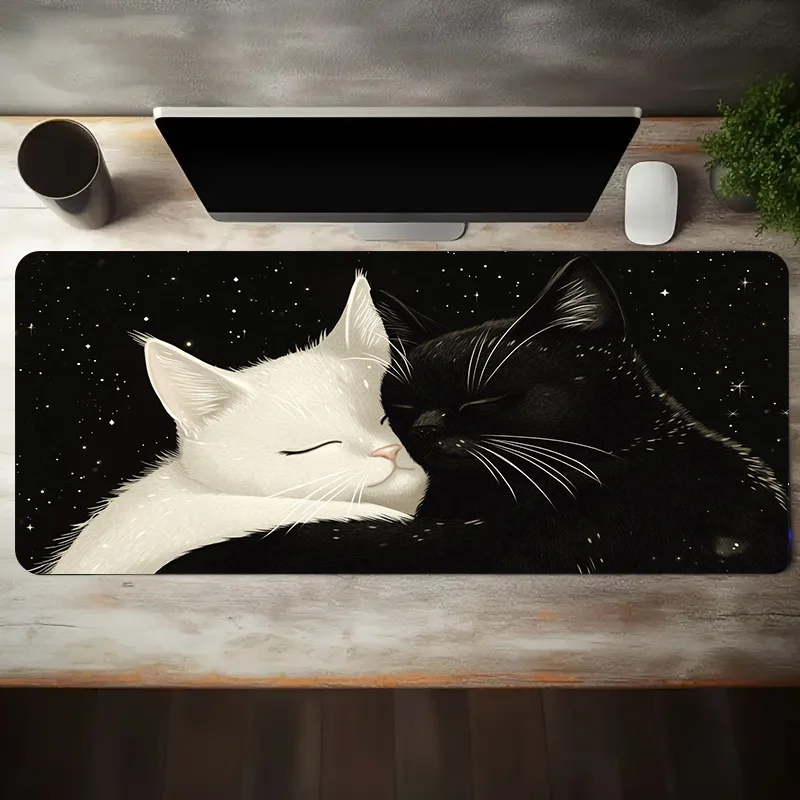Gaming mousepad with black white cat starry night is anti-slip and washable. The large keyboard surface is suitable for PC