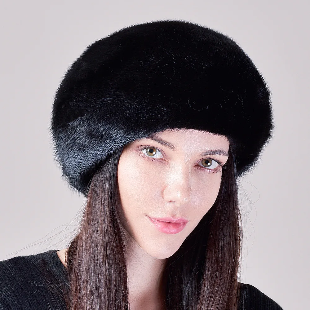 

New Winter Mink Hat Russian White Black Women's Warm Whole Mink Beret Fashion Simple And Versatile Fur Hat